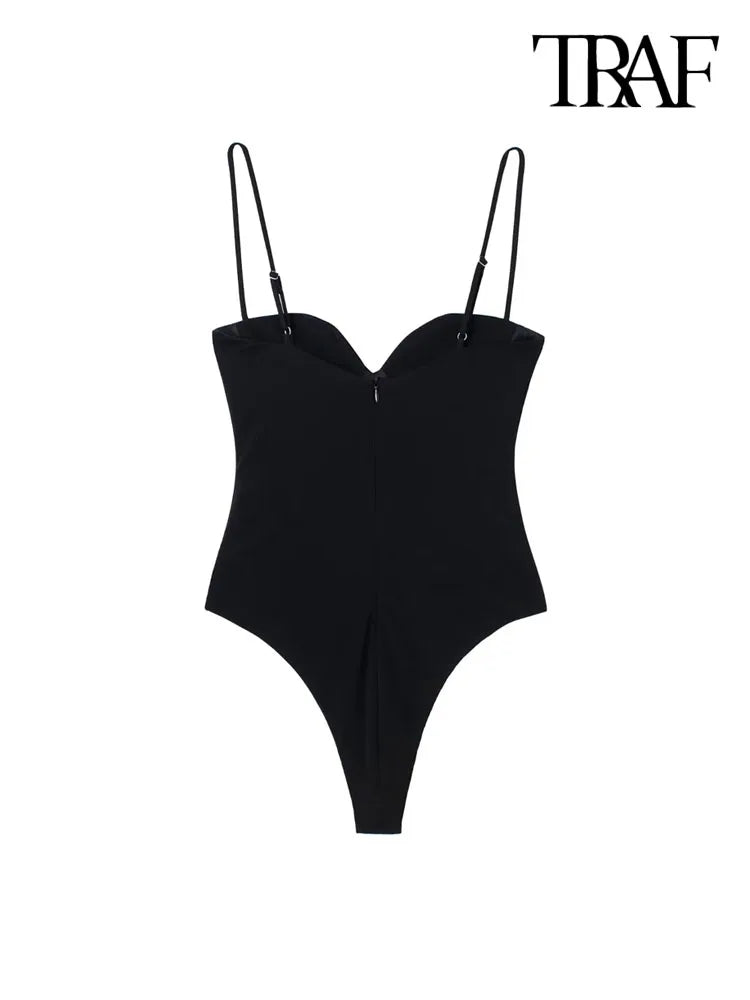 Women Fashion With Sweetheart Neck Draped Bodysuits Vintage Backless Zipper Thin Straps Female Playsuits Mujer