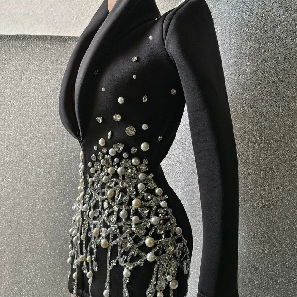 Sparkly Crystal Pearls Mini Dress Black Color Fashion Suit Collar Birthday Evening Party Nightclub Dress Singer Dress