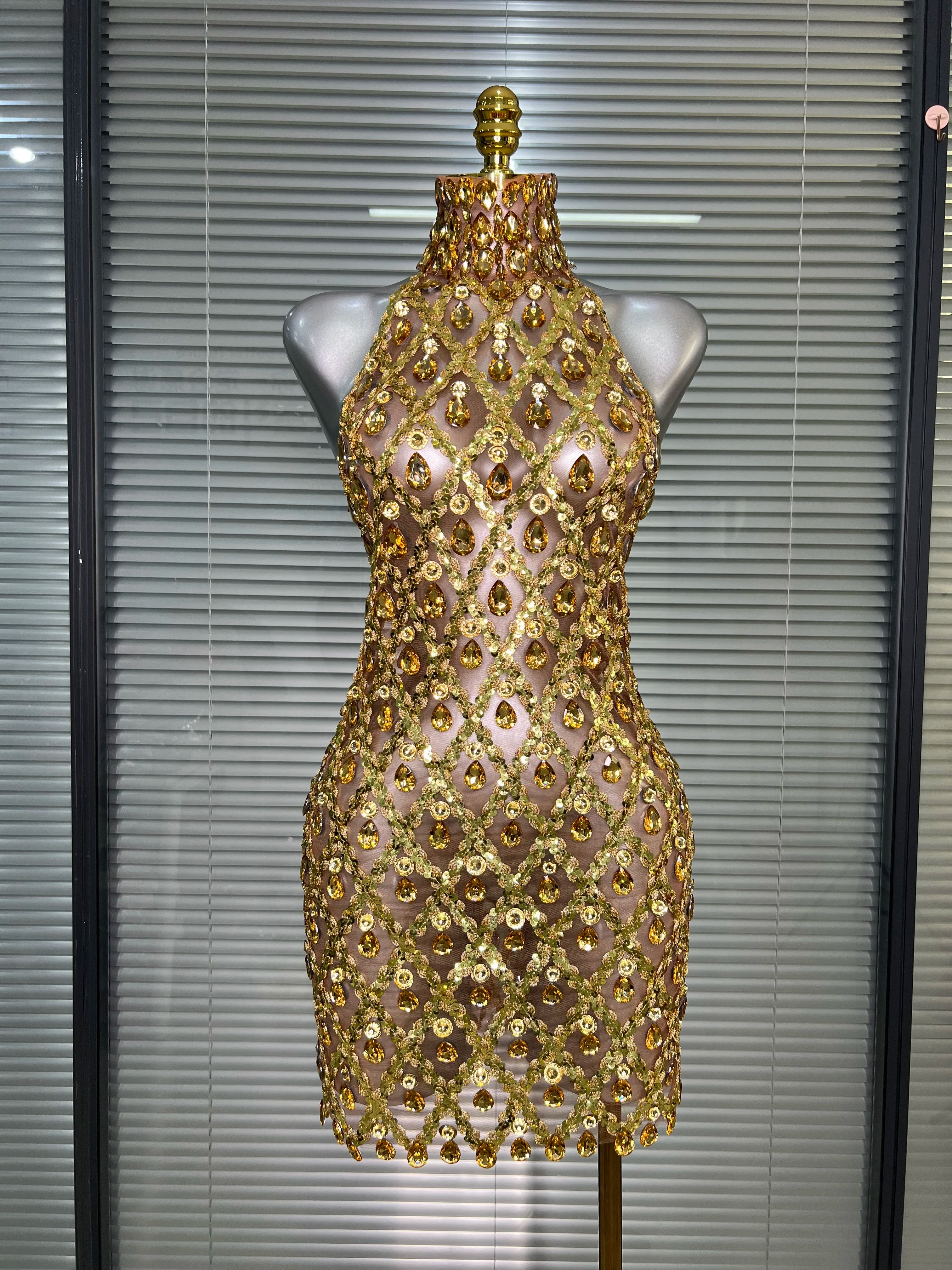 Women Sexy See Through Mesh Gold Costume Stage Dancer Singer Night Club Celebrity Mini Party Dress