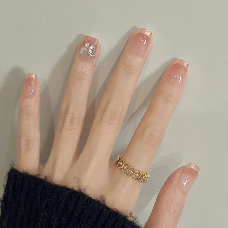 24Pcs Short Square Head Full Cover Nails Tips Cat's Eye Silver Gradient Fake Nail Bow Rhinestone Detachable Press on False Nails