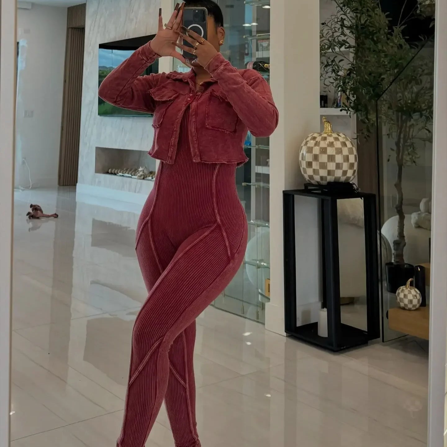 CM.YAYA Fashion Women's Set Washed Knitted Long Sleeve V-neck Coats+pencil Jumpsuits Active Two 2 Piece Set Outfits Tracksuit