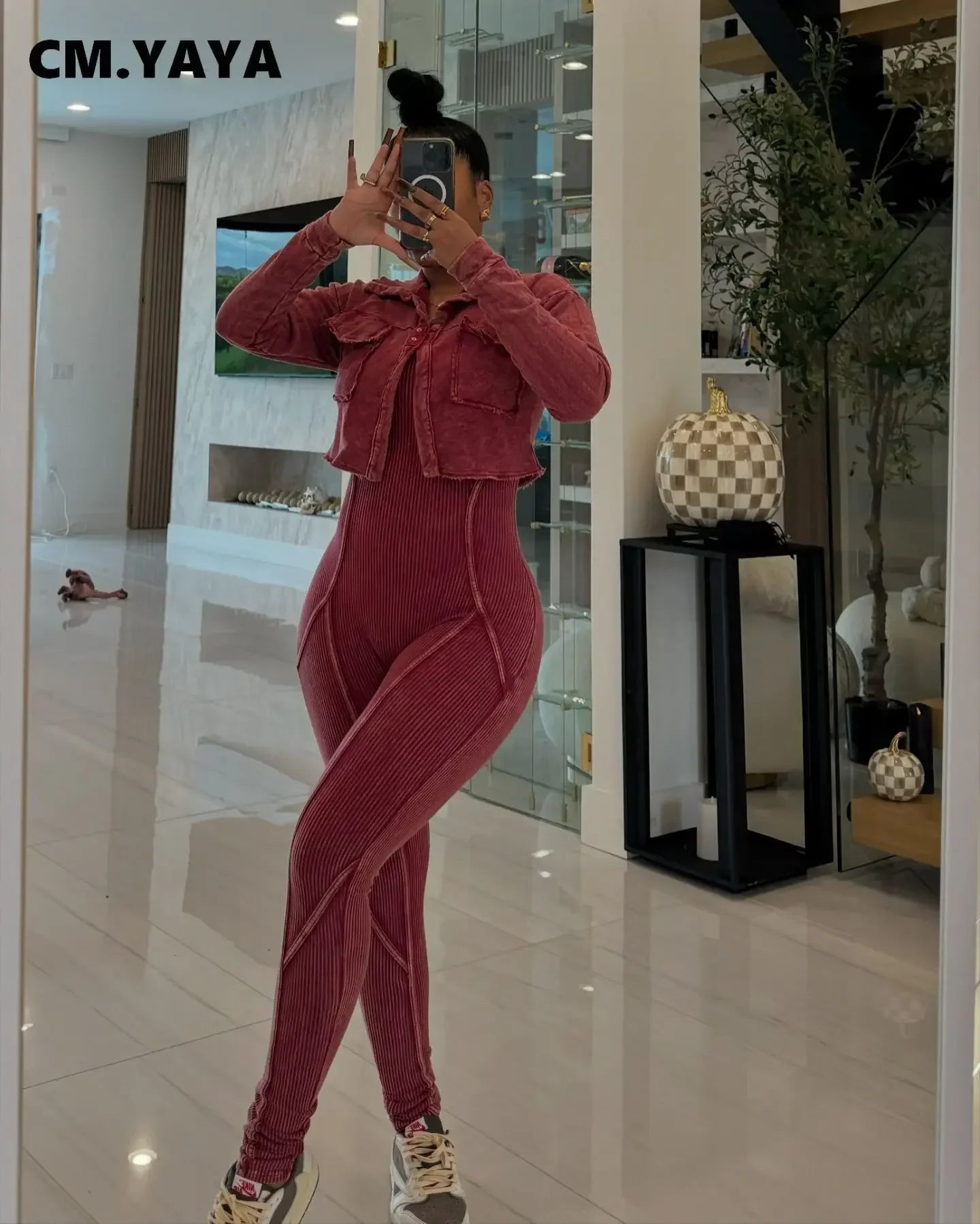 CM.YAYA Fashion Women's Set Washed Knitted Long Sleeve V-neck Coats+pencil Jumpsuits Active Two 2 Piece Set Outfits Tracksuit