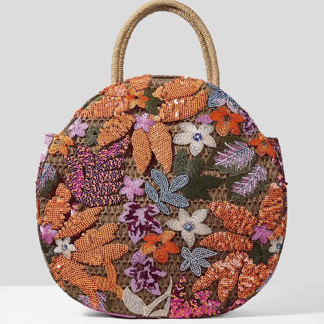 Women' Handbag Sequins Flower Round Straw Braid Large Capacity Tote Bag Orange