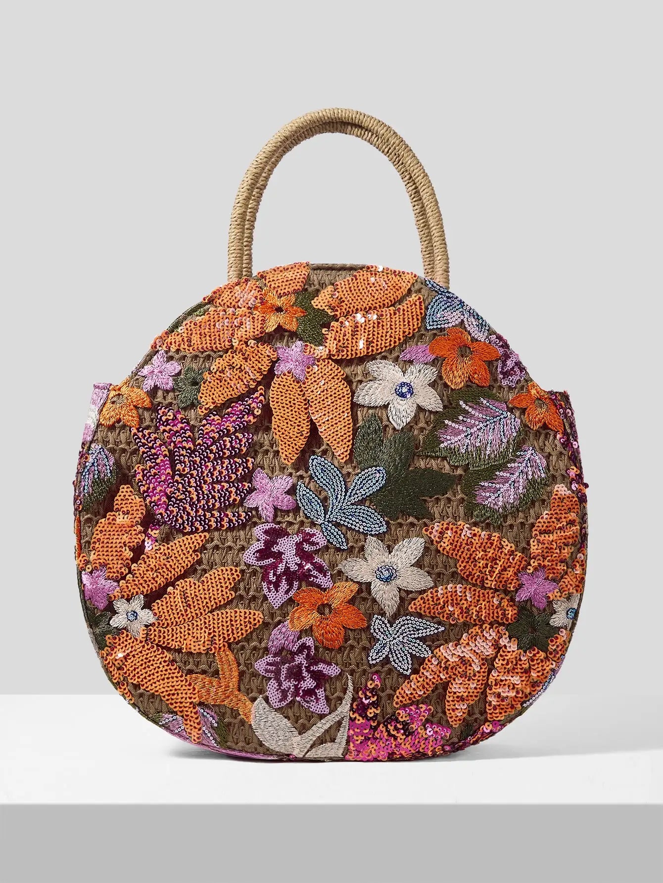 Women' Handbag Sequins Flower Round Straw Braid Large Capacity Tote Bag Orange