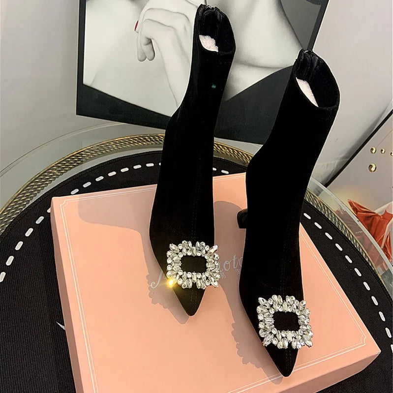 Ankle Boots Women Boots Women Shoes Woman Fashion High-heeled Pointed Flock Boots Spring Autumn Rhinestone Short Boots