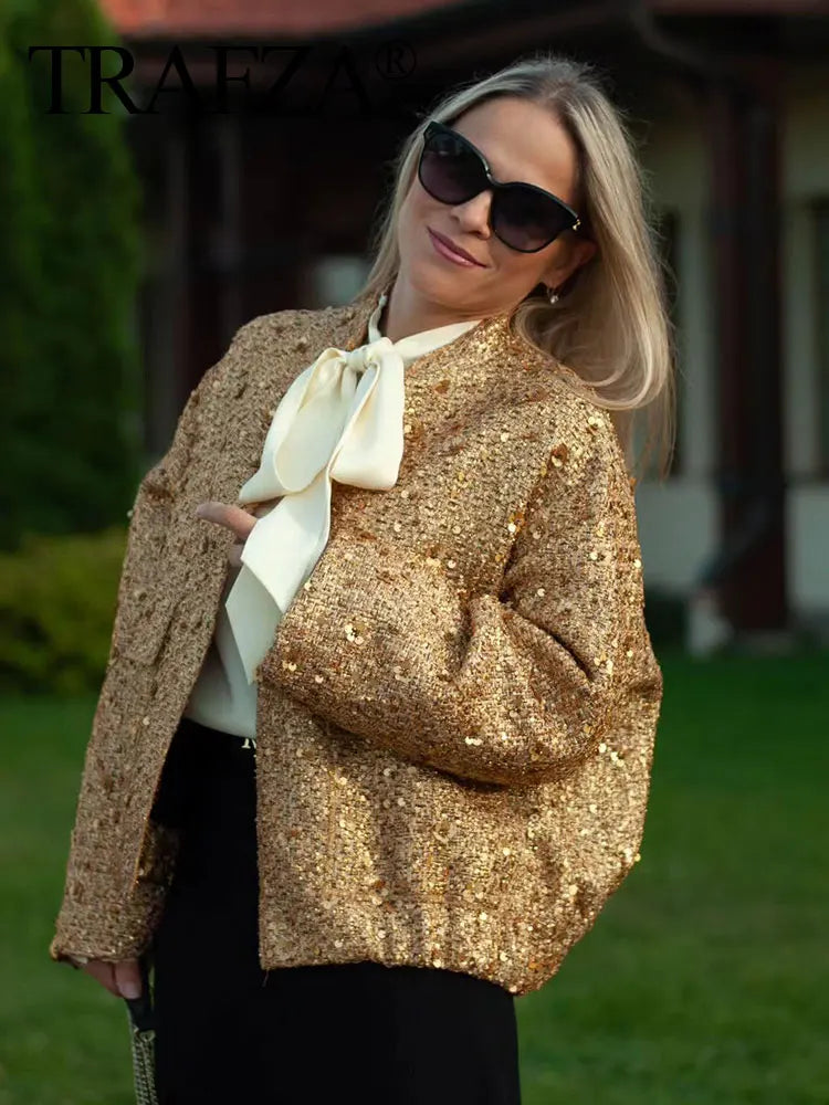 Autumn Coat For Women Fashion Gold Sequin Stand Collar Long Sleeve Loose short Jacket Woman With Pleats Female Coats