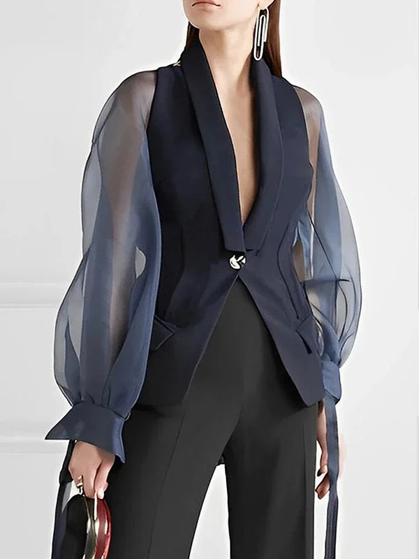 Bonboho Blazer Suits Top for Women Lapel V-neck Puff Sleeve Buttoned Shirt & Blouse for Urban Female Spring and Summer Tops black