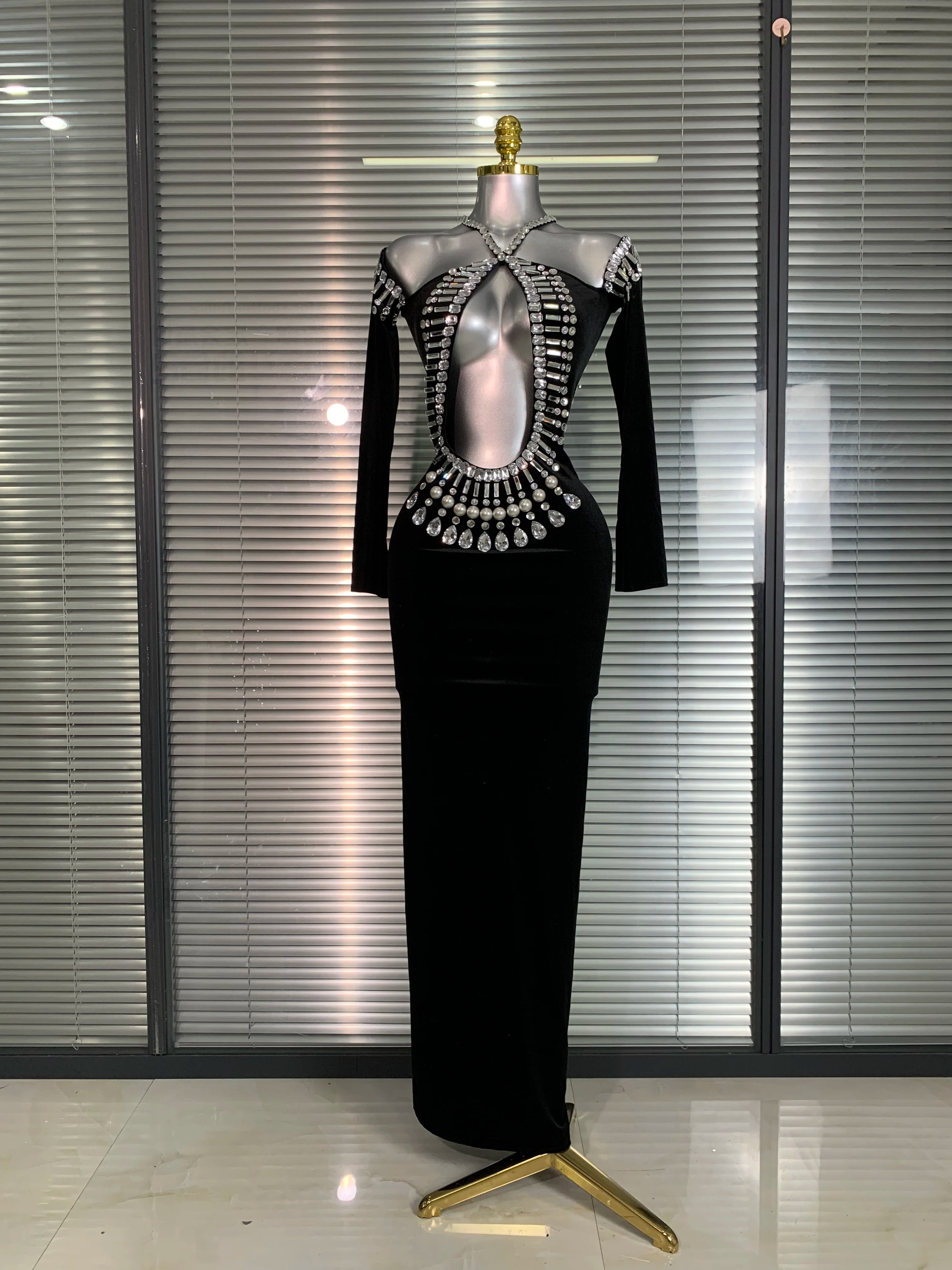 INS New Women Sexy Velvet Stretched Crystal Diamonds Rhinestones Maxi Dress Night Club Party Singer Stage Costume