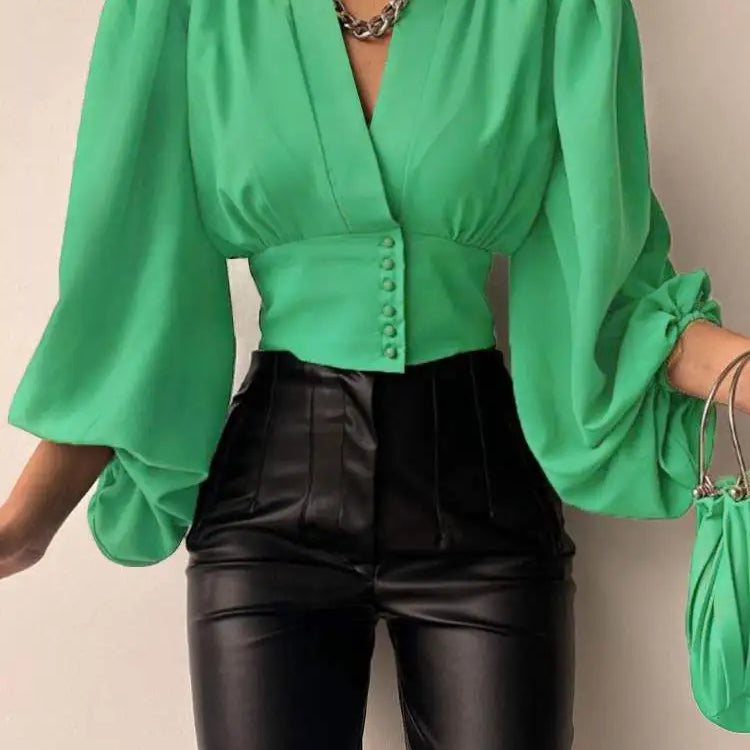 Vintage Blouses for Women Fashion Lantern Long Sleeve Buttons Front Crop Tops Sexy V-neck Shirts French Party Blusas
