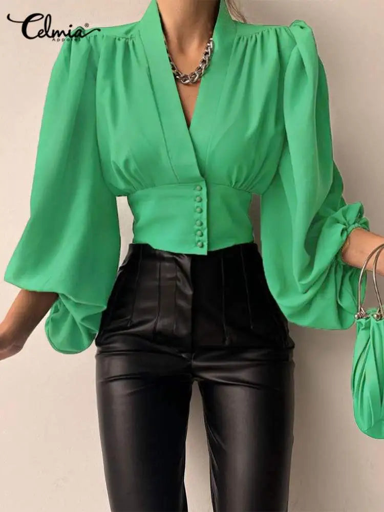 Vintage Blouses for Women Fashion Lantern Long Sleeve Buttons Front Crop Tops Sexy V-neck Shirts French Party Blusas