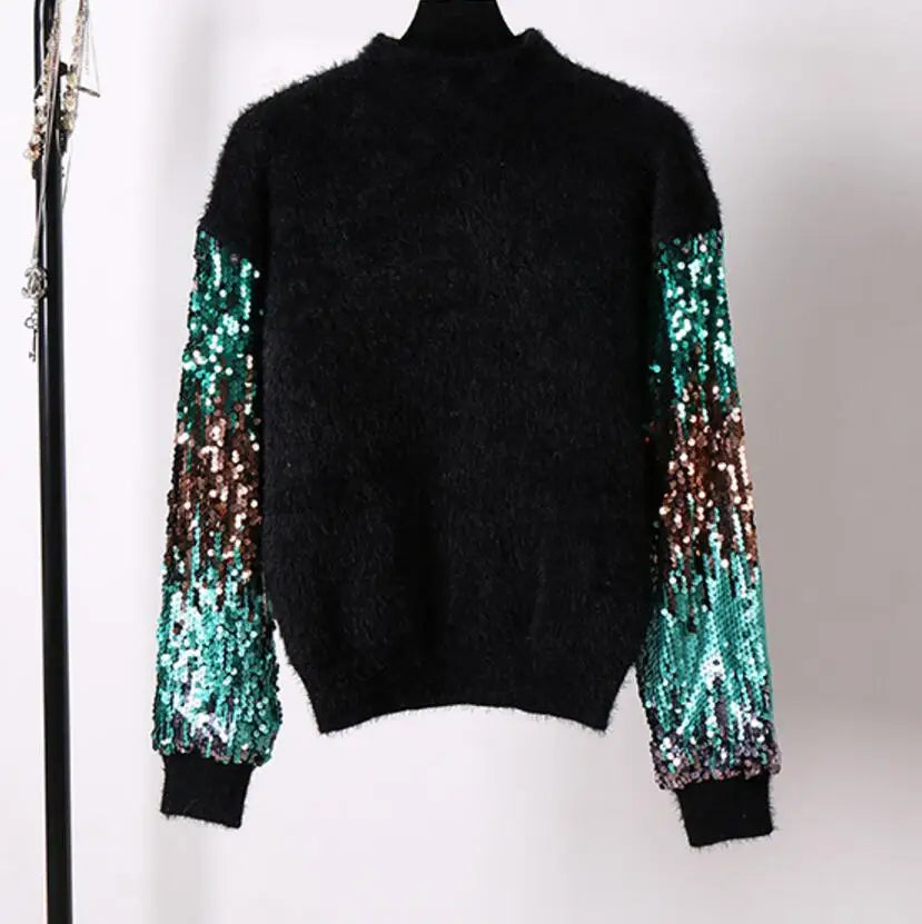 Womens Long Sleeve Mohair Sweater Rabbit Hair Glitter Patchwork Thick Knitting Sweater Autumn Winter Warm Pullover Black black One Size