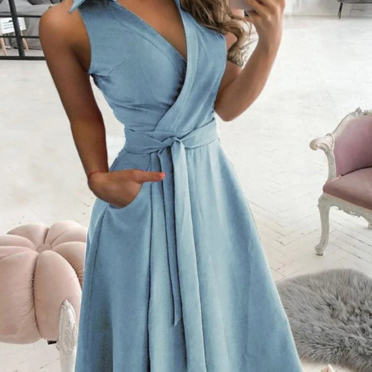 Elegant Chic Shirt Dress Summer New Fashion Sleeveless Sexy Dress V-neck Buttock Dress for Women Office Ladies Party Sundress SKY BLUE