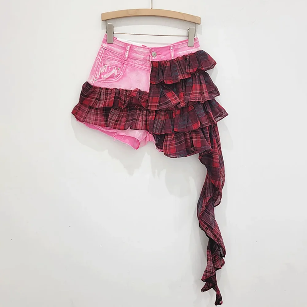 TWOTWINSTYLE Colorblock Designer Short Jeans For Women High Waist Spliced Denim Asymmetrical Designer Trousers Female Fashion