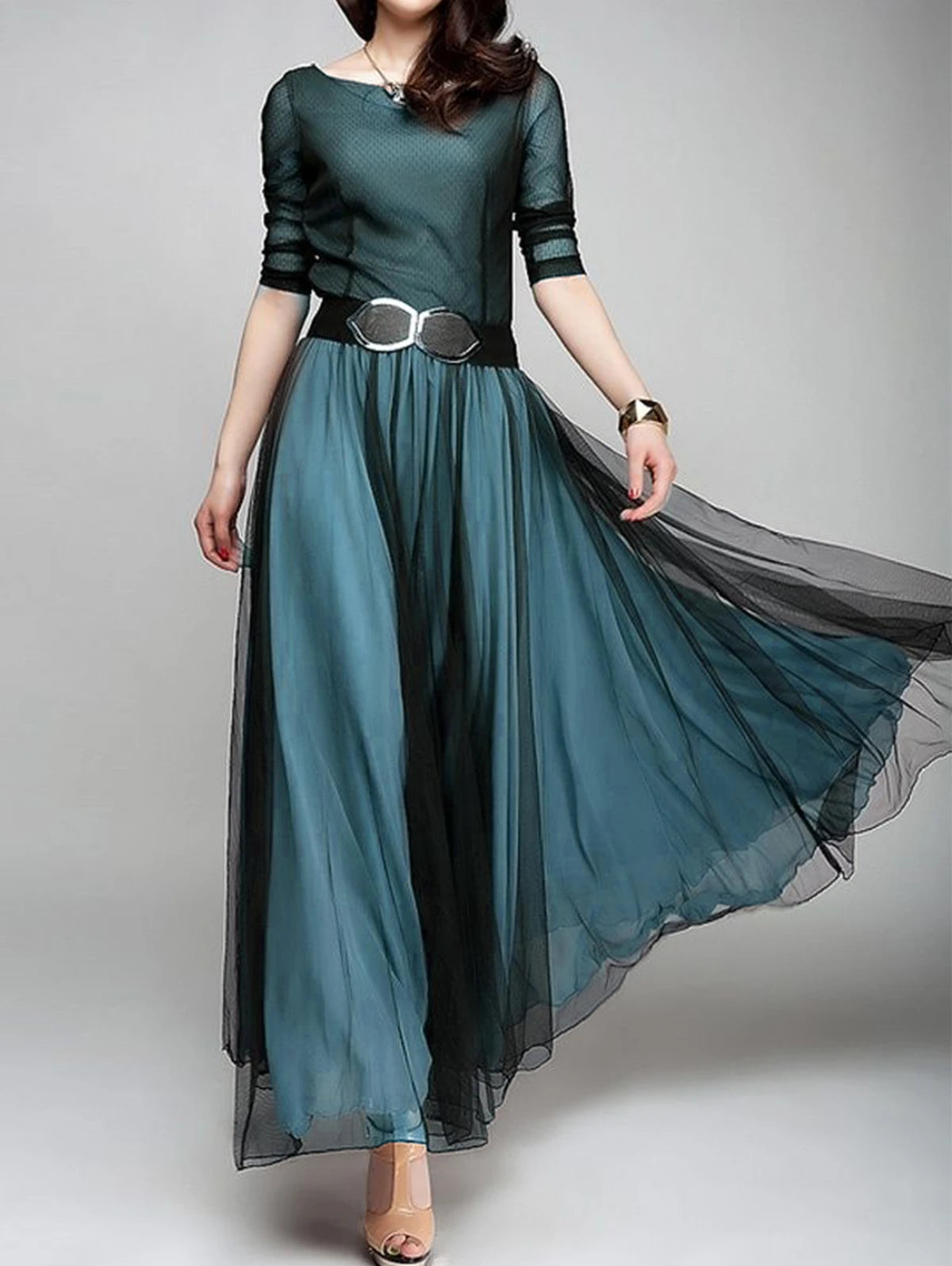 Women Plus Size Elegant Plain Boat Neck Dress Mesh Transparent Pleated A-Line Autumn Flowy Hem Wedding Guest Fashion Maxi Dress