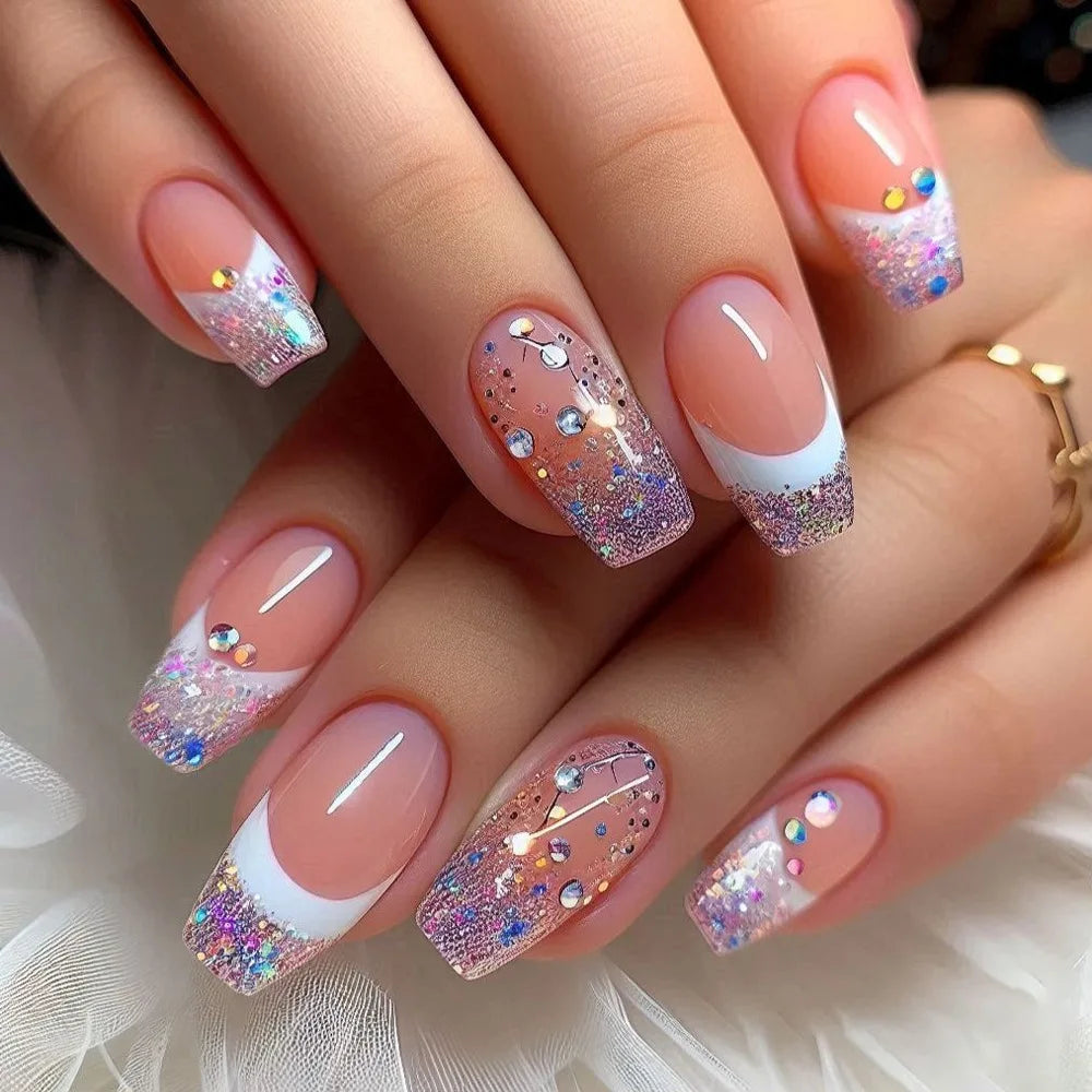 24Pcs Glitter French Fake Nails with Broken Diamond Colorful Aurora Sequin Press on False Nails Tips Wearable Ballet Manicure