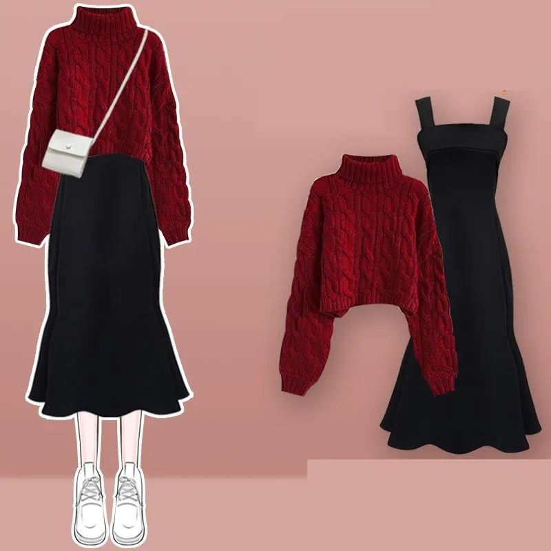 Women's Autumn Winter Loose High Neck Knitted Sweater Suspender Dress Two-piece Korean Elegant Pullover Strap Skirt Matching Set Set 03