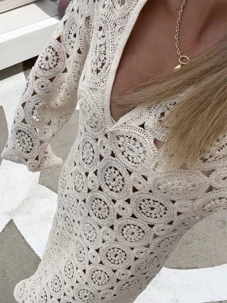 Elegant Hook Flower Hollowed Out Midi Dress Women V Neck Long Flare Sleeves Loose Robes New Fashion Female Vacation Vestido