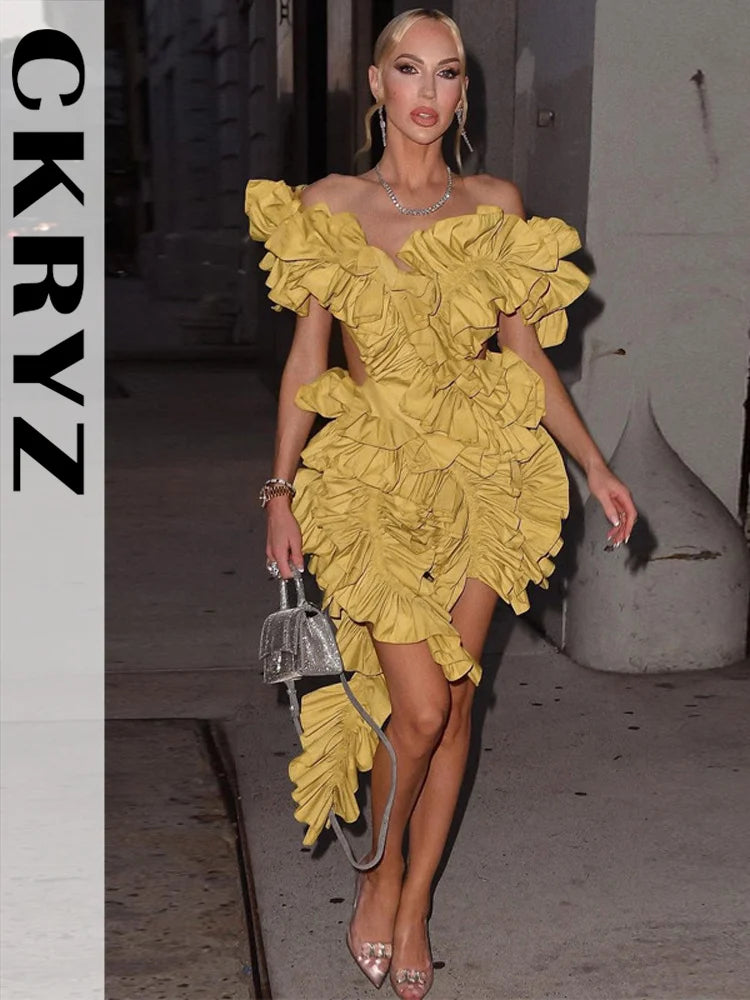 Ladies Autumn Sleeveless V-Neck Backless Sexy Birthday Party Mini Dresses For Women Ruffle New Fashion Clubwear Y2K Baddie Dress