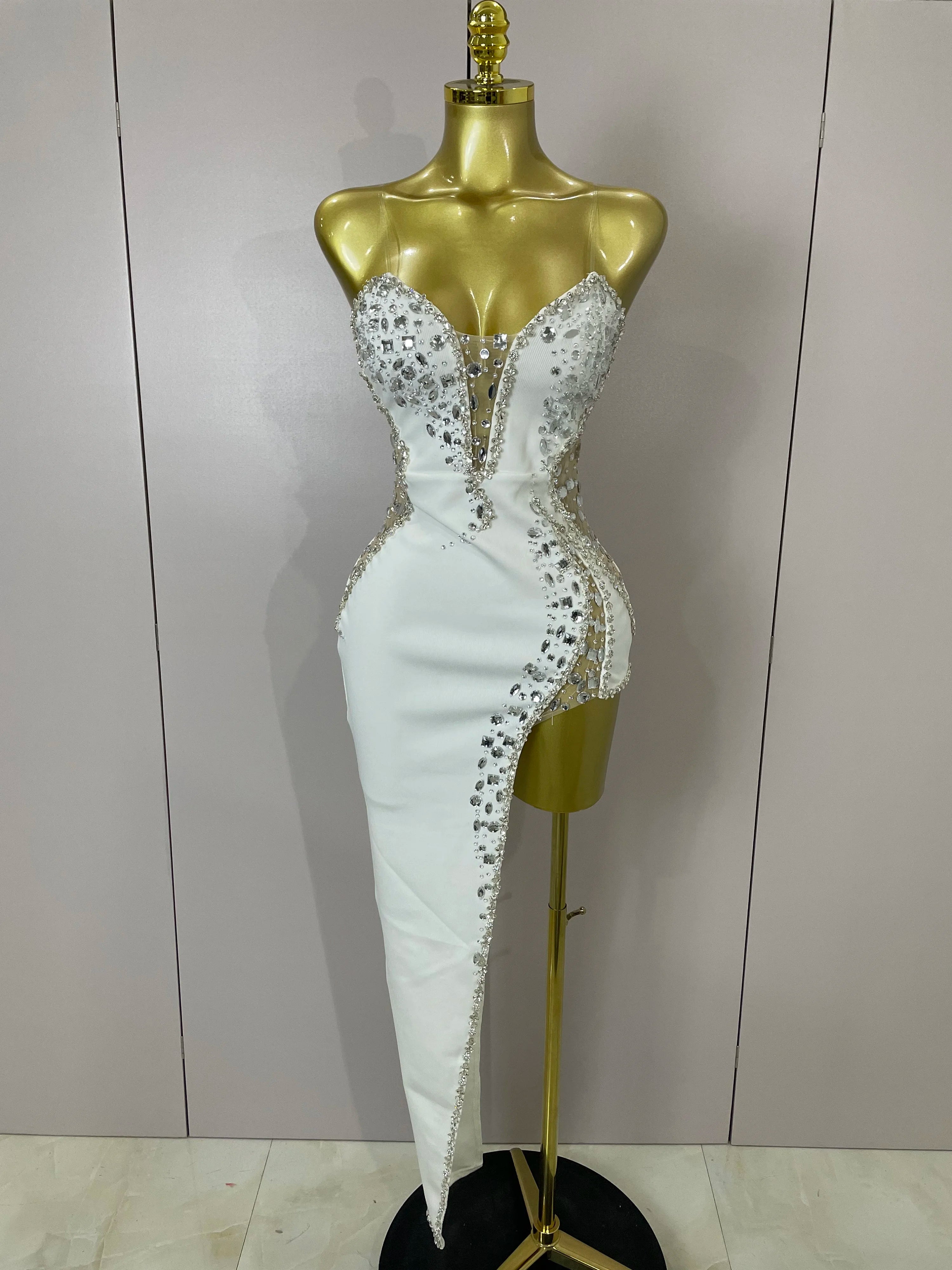 Newest High Quality Sexy Strapless Shinning Rhinestones Bodycon Bandage Long Dress Women Fashion Celebrate Evening Party Vestido