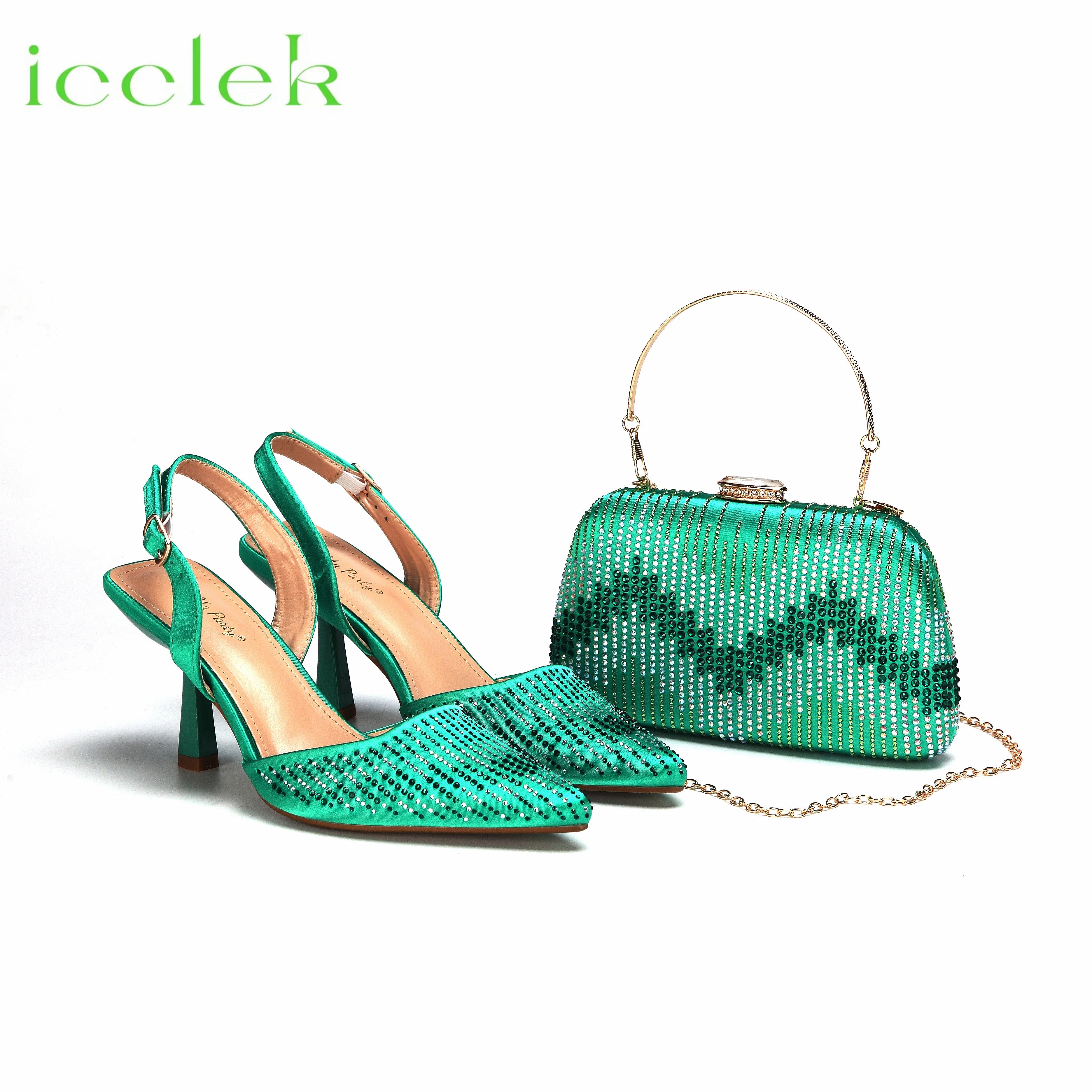 Orange Color Pointed Toe Decorated with Bling Bling Rhinestones Design Ladies Shoes Matching Bag Set For Party Green