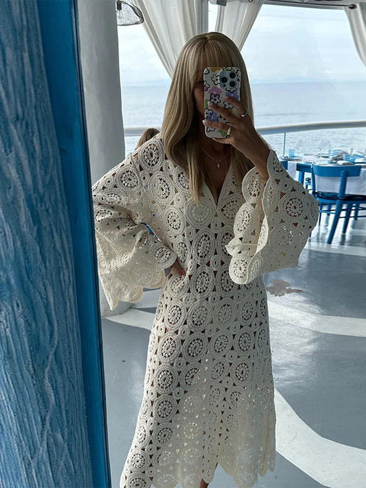 Elegant Hook Flower Hollowed Out Midi Dress Women V Neck Long Flare Sleeves Loose Robes New Fashion Female Vacation Vestido