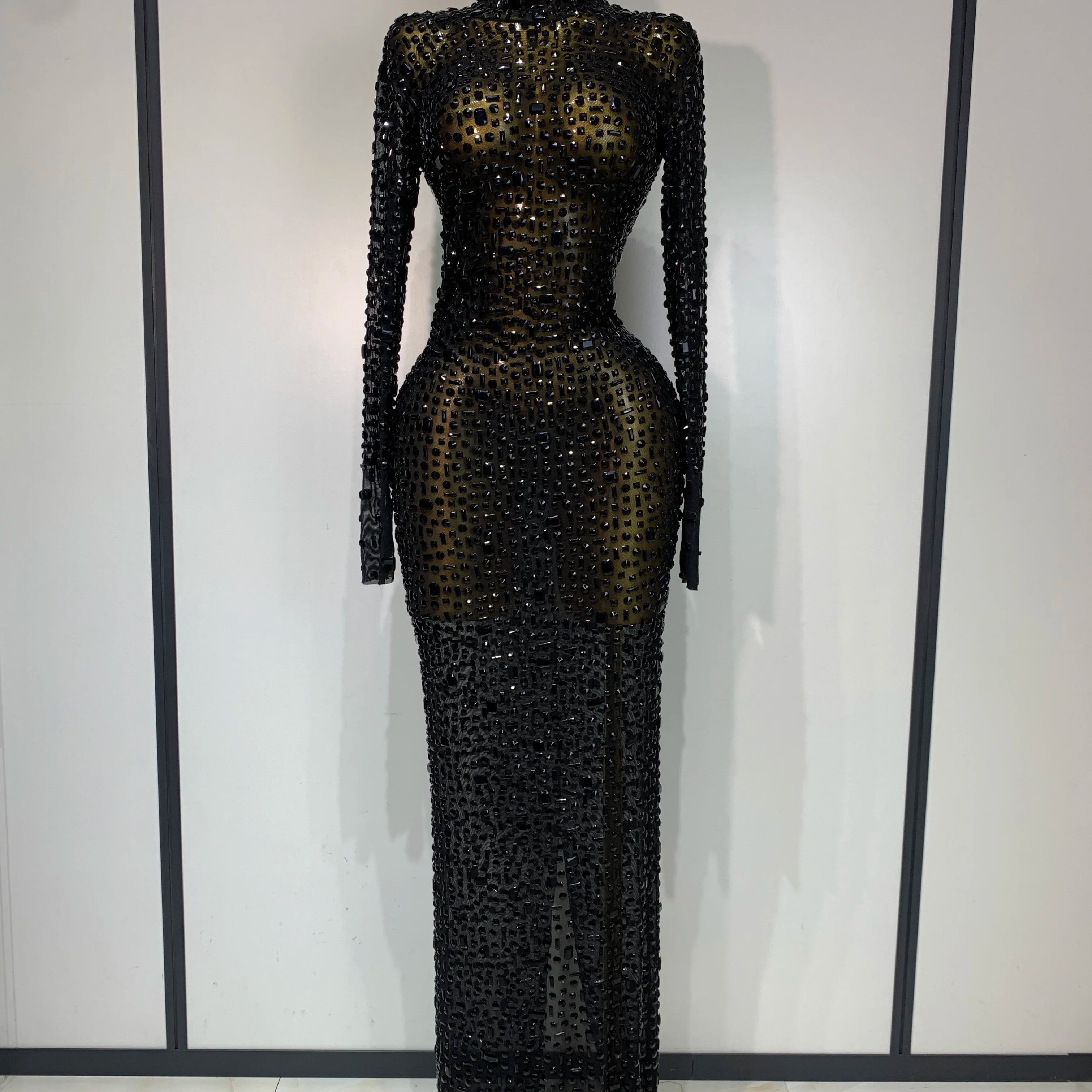 Sparkly Luxury Rhinstones Long Sleeve Elegant Party Dress Women 2025 Performance Stage Outfit Evening Birthday Prom Gown