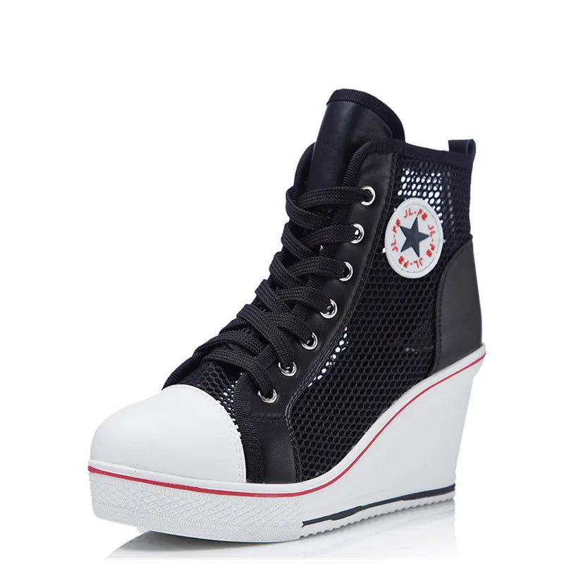 New Summer Women's Wedge Mesh Casual Shoes Fashion Black White Pink Stealth Increase Breathable High-top Sneakers black