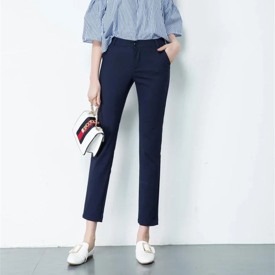 S-4xl Big Size Office Pencil Pants Womens Formal New Elegant OL Work Pantalones Elastic Cotton Slim Ankle-length Trousers navy