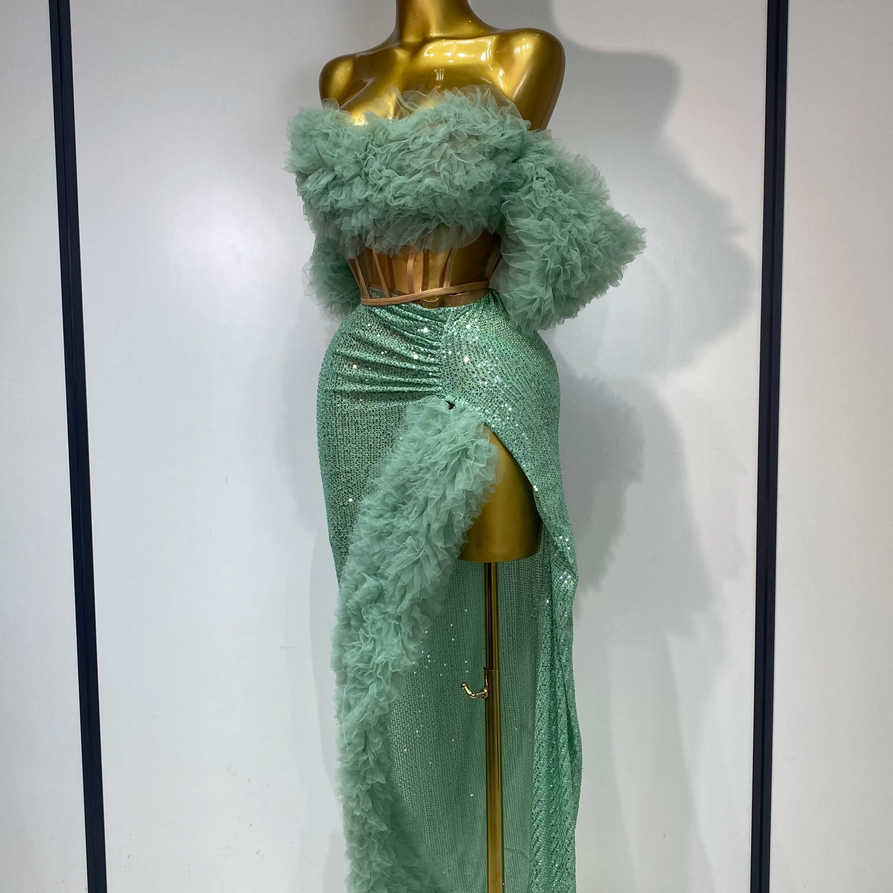 Women Sexy Sparkly Sequins Top Long Skirt Two Pieces Set Festival Celebrate Evening Party Luxury Birthday Nightclub Stage Outfit