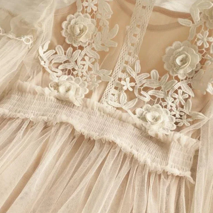 Women Party Lace Flower Dress Gauze Lantern Sleeve Voile Long Dress Female Retro Hook Princess Dress 2 Piece Set