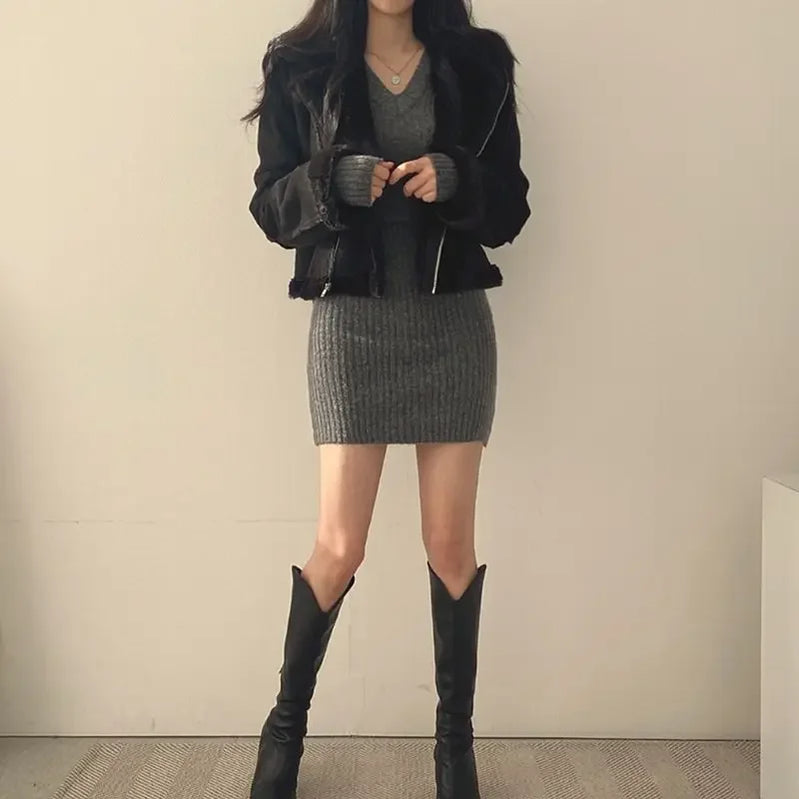 Women Knit Bodycon Dress V-Neck Long Sleeve Slim Sexy Dress Solid Casual Midi Sweater Dress For Autumn