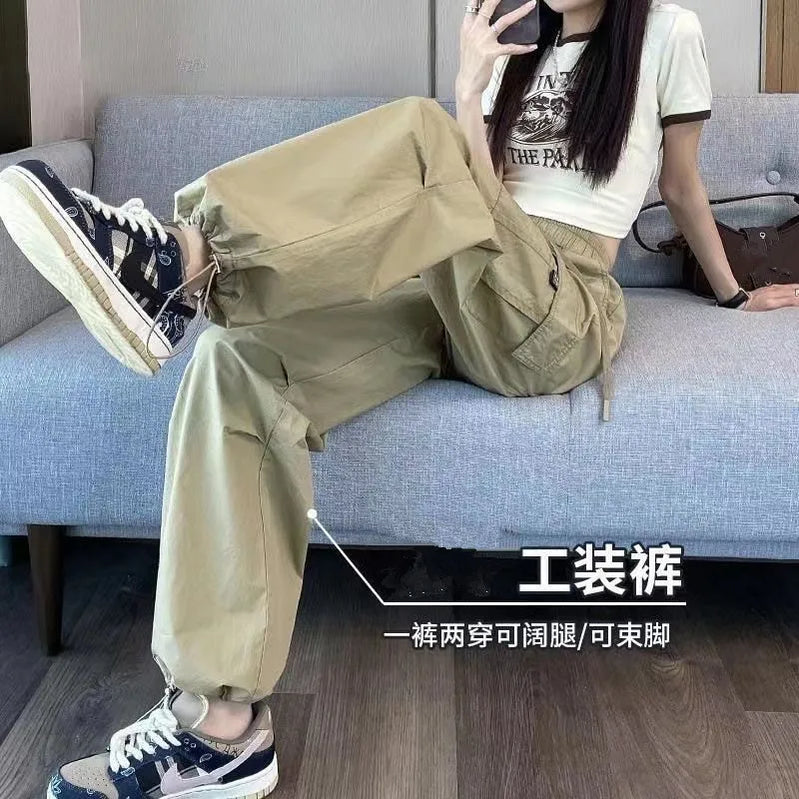 Vintage Retro Solid Women Cargo Pants Quick Dry Spring Summer Elastic Waist Casual Streetwear Straight Trousers khaki