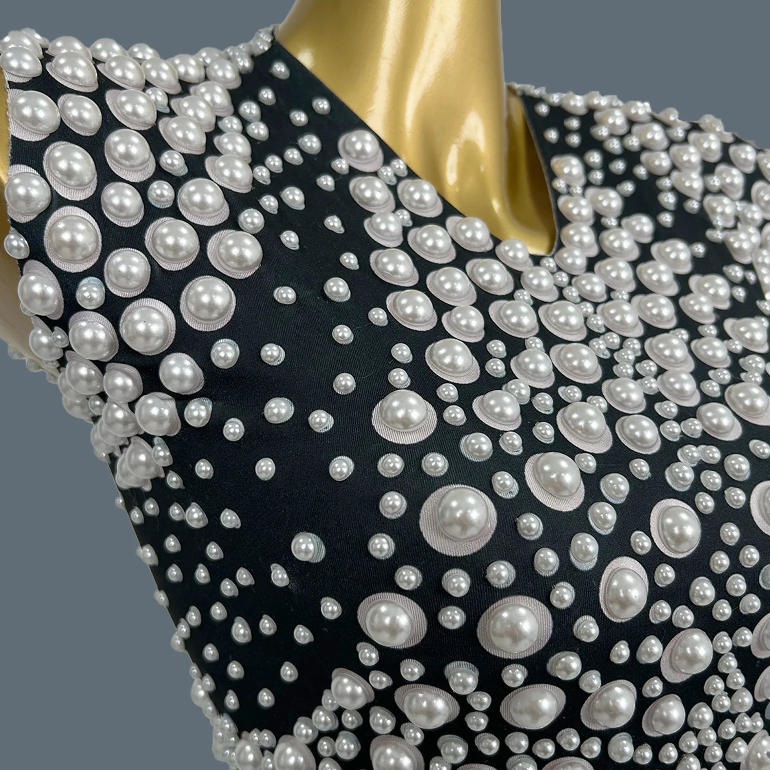 High-end White Pearls Black Mini Dress Sleeveless Bodycon Sexy Dress Party Nightclub Singer Stage Show Wrap Dress Heizhenzhu