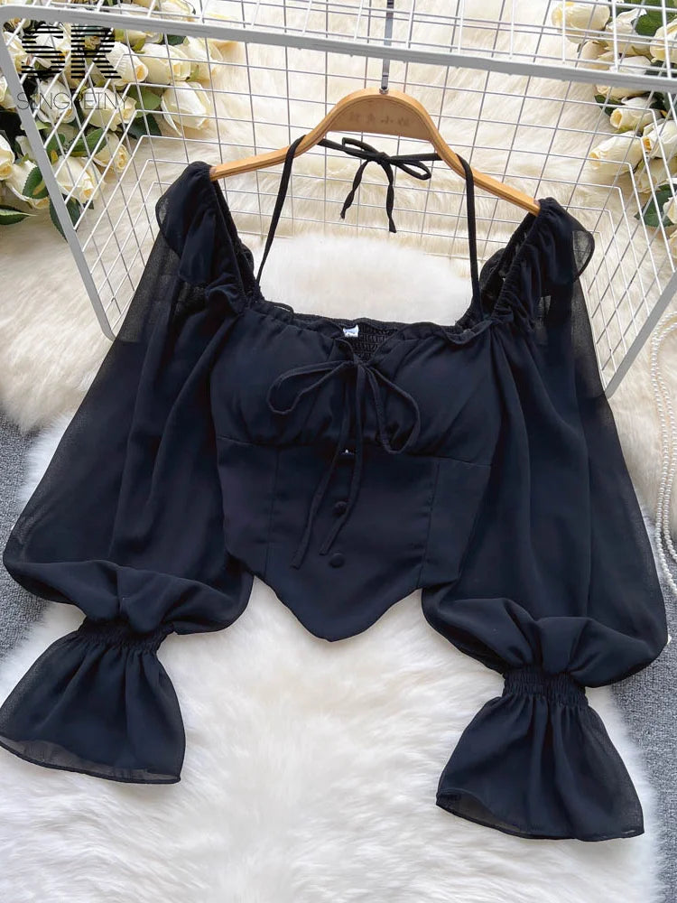 Flare Sleeve Women Tops Ruffle Solid Elastic Waist Halter Backless Chiffon Slim Ladies Harajuku Sexy Short Blouse