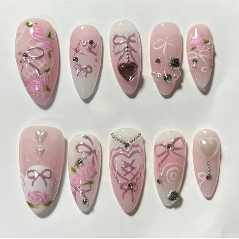 24Pcs Pink Gradient Almond Fake Nails Press on With Pearl Rhinestone Design False Nails Bow Flower Pattern Full Cover Nails Tips