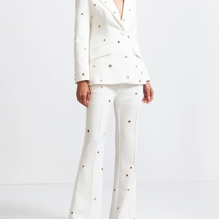 TWOTWINSTYLE Casual Hollow Out Two Piece Sets For Women Notched Collar Long Sleeve Blazer High Waist Pant Loose Set Female Style