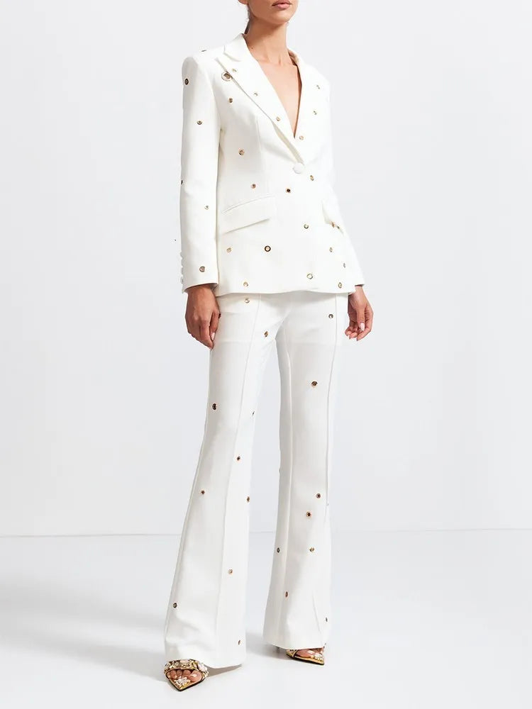 TWOTWINSTYLE Casual Hollow Out Two Piece Sets For Women Notched Collar Long Sleeve Blazer High Waist Pant Loose Set Female Style