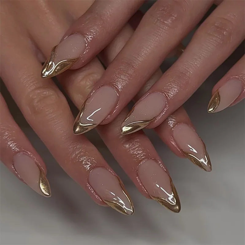 24Pcs French Retro Red Nail Art Full Cover Irregular Gilded Minimalism Press on Fake Nails Detachable Mid-length Almond Manicure