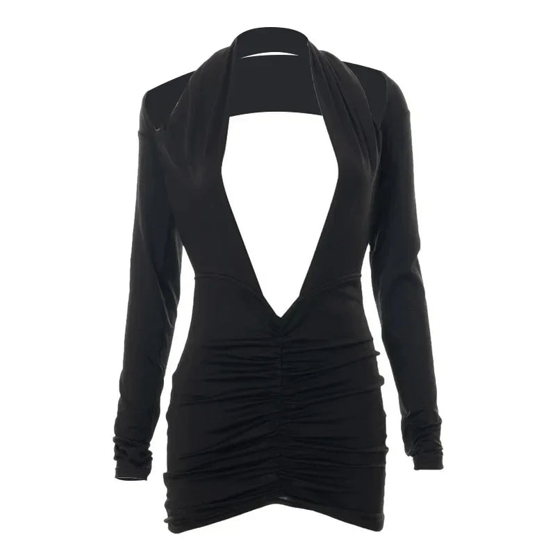 Women Sexy Bodycon Long Sleeve Halter Deep V Neck Backless Pleated Solid Slim Fit Skinny Dress for Cocktail Party Black