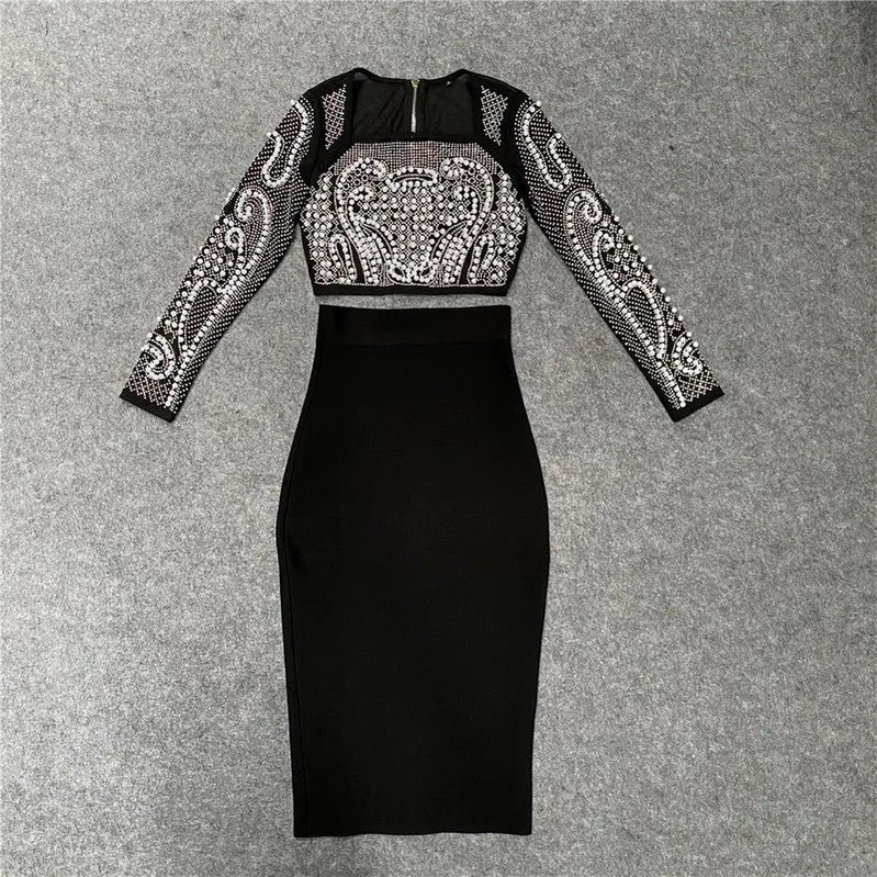 Top Quality Celebrity Black White Two Pieces Set Pearl Beading Hollow Out Rayon Bandage Dress Party Fashion Dress Vestidos black