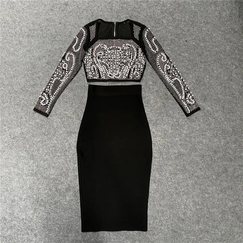 Top Quality Celebrity Black White Two Pieces Set Pearl Beading Hollow Out Rayon Bandage Dress Party Fashion Dress Vestidos black