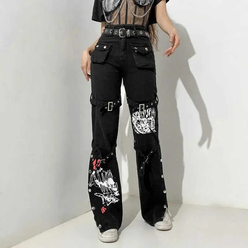 Gothic Print Women Jeans Spring Fashion Streetwear Bandage Pants Punk Style Female Dark Academic Sequined Denim Trousers New
