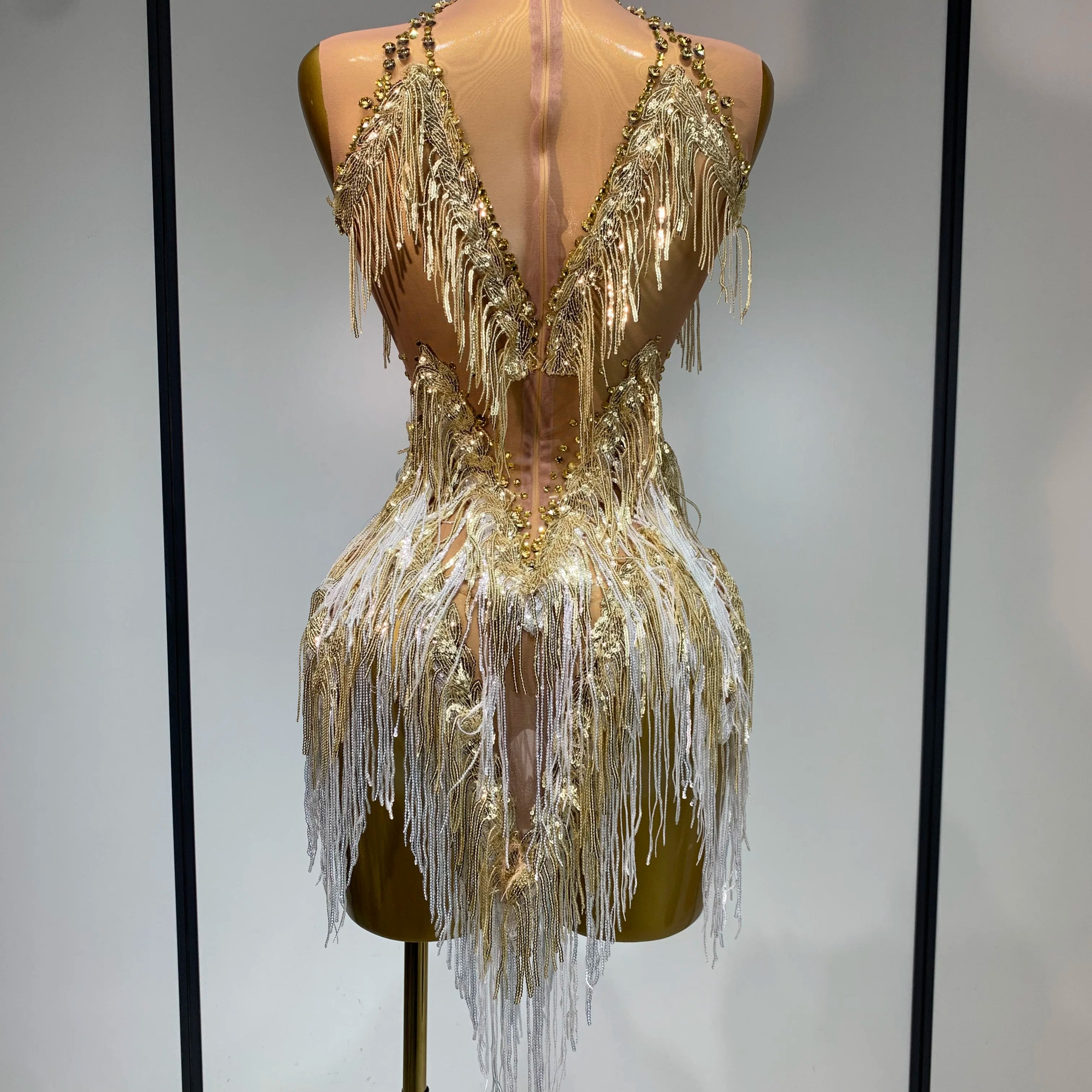 Luxury Birthday Dress Rhinestone Tassel Sexy Women Short Latino Dance Dress Nightclub Bar Sparkly Performance Stage Outfit