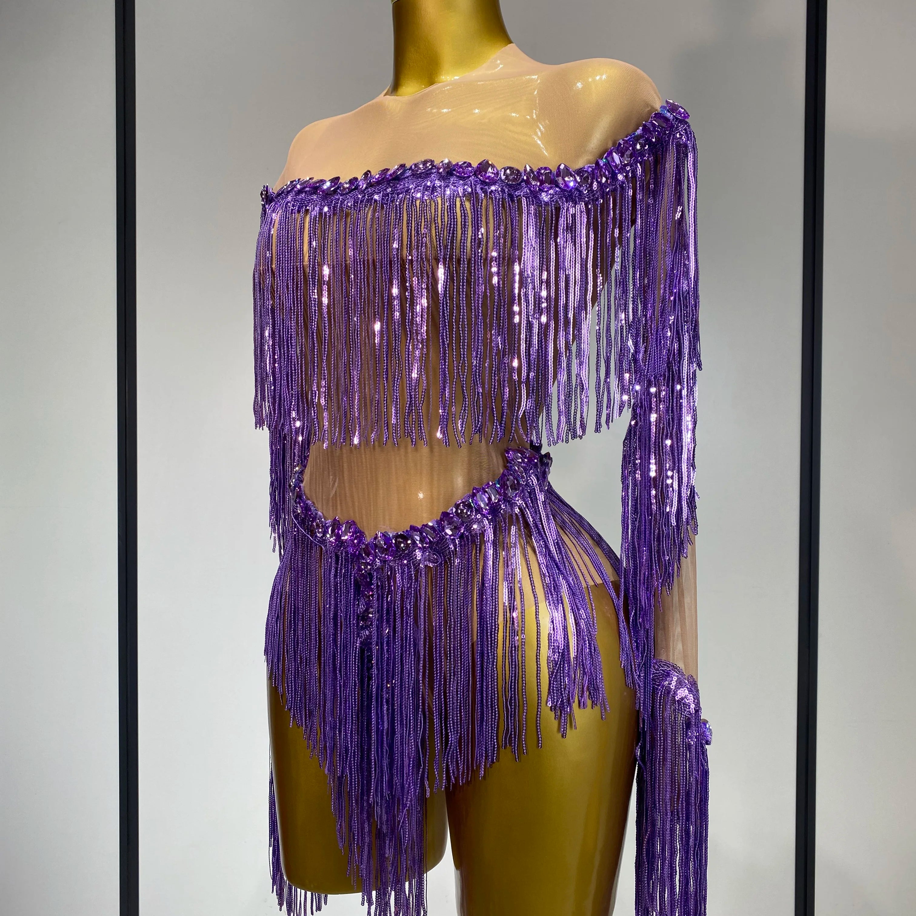 Sparkly Tassel Rhinestones Long Sleeves Sexy Stretch Mesh See Through Bodysuit Women Nightclub Stage Singer Perform Costume