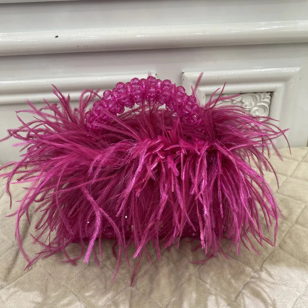 Pearl Bead Bag With Ostrich Feather Fur Designer Brand Clear Acrylic Crystal Stone Box Tote Handbag Women Handmade Party Purse rose red