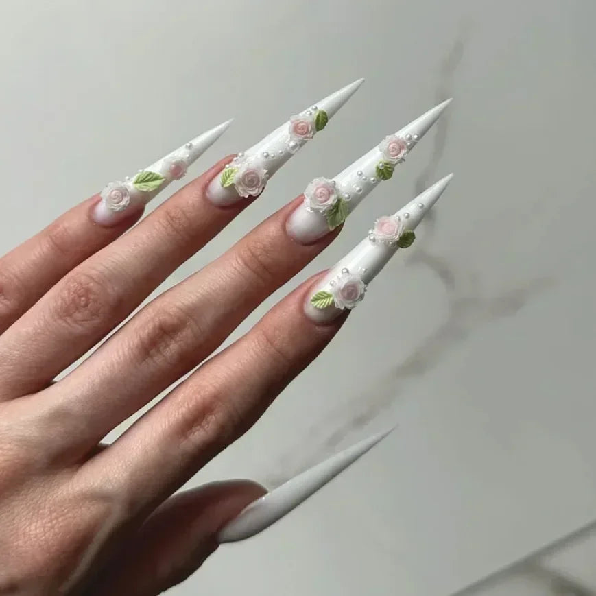 24Pcs French False Nails With Purple Edge  Almond Bow Flower Design Detachable Acrylic Fake Nails Long Stiletto Press On Nails