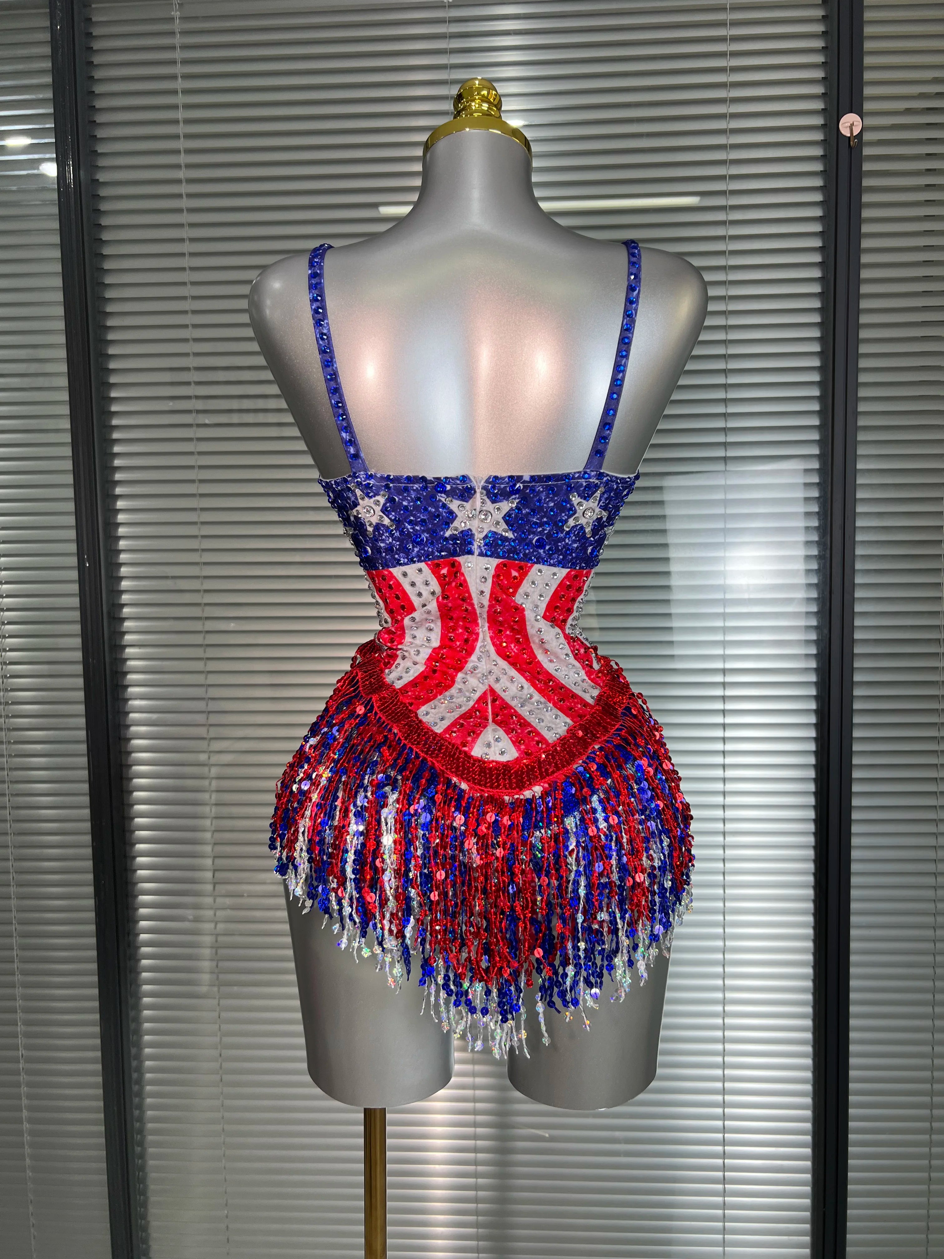 Women Sexy Tassel Crystal Stretched Night Club Circus Dancer USA Flag Stage Costume Party Bodysuit