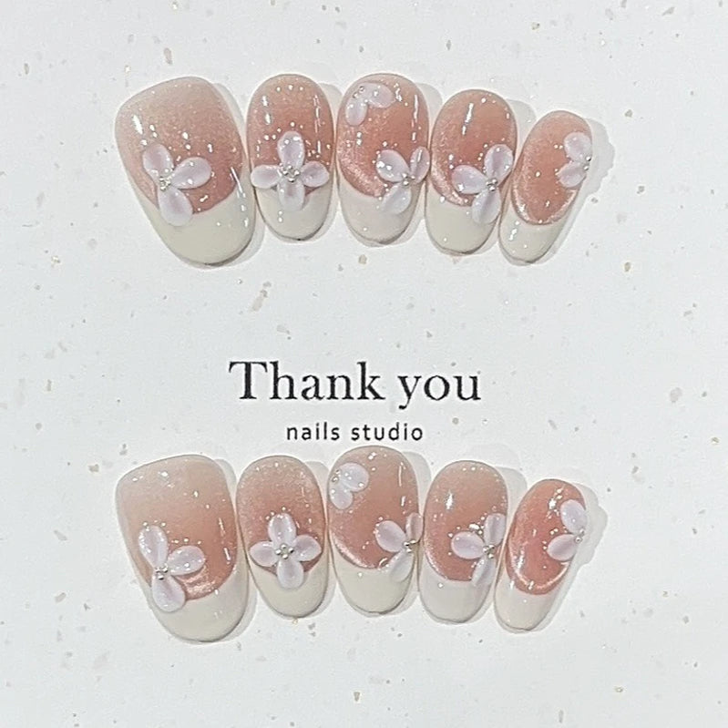 10Pcs Short Oval Nude Pink French False Nails Fairy Hand-painted Cat-eye Patterns Sweet Lovely Wearable Acrylic Nails Tips Set