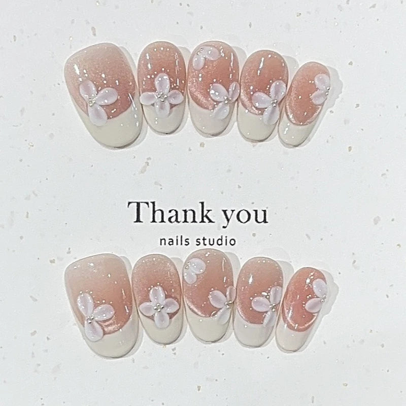 10Pcs Short Oval Nude Pink French False Nails Fairy Hand-painted Cat-eye Patterns Sweet Lovely Wearable Acrylic Nails Tips Set