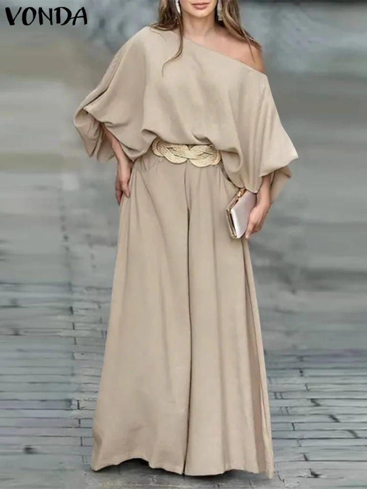 Plus Size VONDA Women Outfits Casual Slanted Collar Tops Elastic Waist Wide Leg Pant Sets 2024 Elegant Solid Pants Suits 2PCS